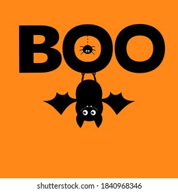 Happy Halloween. Hanging bat. Boo text with spider.Cute cartoon white scary spooky character set. Smiling face, wings. Orange background. Greeting card. Flat design. Vector illustration