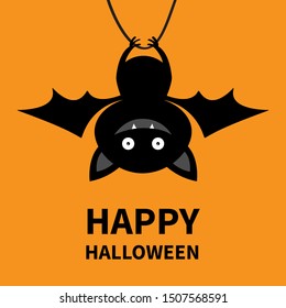 Happy Halloween. Hanging bat. Cute cartoon kawaii funny baby character with open wings. Black silhouette. Forest animal. Flat design. Orange background. Isolated. Greeting card. Vector illustration