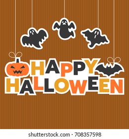 Happy halloween hanging headline with ghost, bat and jack o lantern on striped background suitable for party invitation or backdrop
