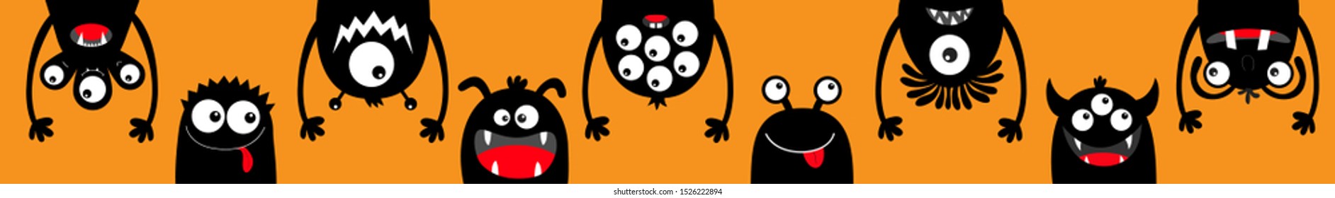 Happy Halloween. Hanging monster black silhouette head face icon set line. Eyes, tongue, tooth fang, hands up. Cute cartoon kawaii scary funny baby character. Orange background. Flat design. Vector