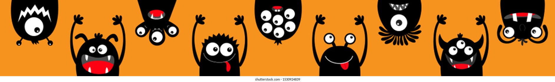 Happy Halloween. Hanging monster black silhouette head face icon set line. Eyes, tongue, tooth fang, hands up. Cute cartoon kawaii scary funny baby character. Orange background. Flat design. Vector