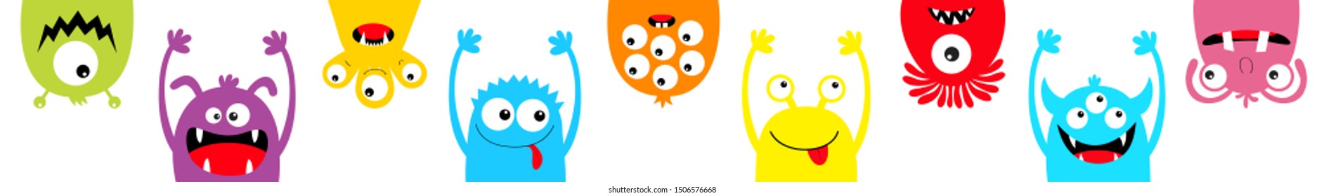 Happy Halloween. Hanging monster colorful silhouette head face icon set line. Eyes, tongue, tooth fang, hands up. Cute cartoon kawaii scary funny baby character. White background. Flat design. Vector