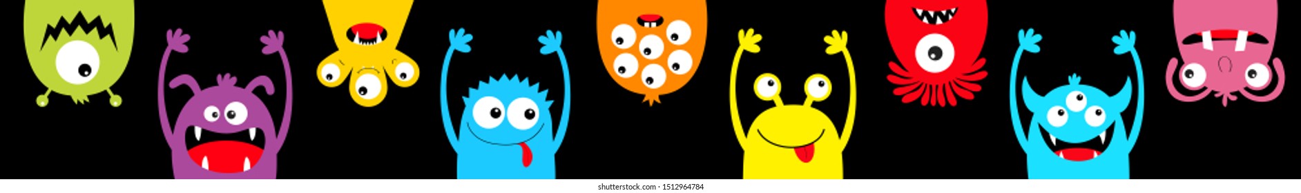 Happy Halloween. Hanging monster colorful silhouette head face icon set line. Eyes, tongue, tooth fang, hands up. Cute cartoon kawaii scary funny baby character. Black background. Flat design. Vector