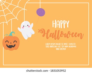 happy halloween hanging pumpkin ghost candy on web card vector illustration
