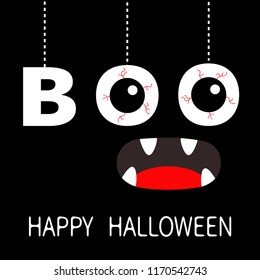 Happy Halloween. Hanging word BOO text Eyeballs bloody veins. Spooky screaming mouth, fangs. Dash line thread. Greeting card. Flat design. Black background. Vector illustration