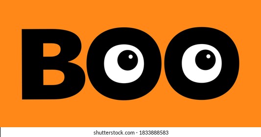 Happy Halloween. Hanging word BOO text Eyeballs. Cute cartoon spooky character. Monster face head. Smiling face. Greeting card. Flat design. Orange background. Vector illustration