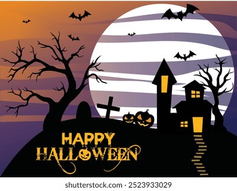 Happy Halloween. Halloween haunted background, house, trees and landscape. Happy Halloween scary creepy vector backdrop with full moon, graves, pumpkin and flying bats.