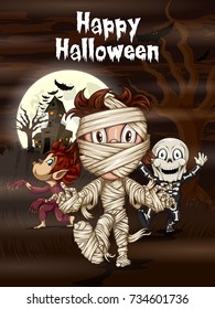 Happy Halloween haunted background with kids in scary costume. Vector illustration