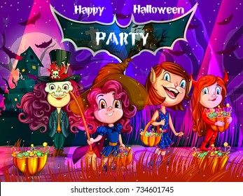 Happy Halloween haunted background with kids in scary costume. Vector illustration