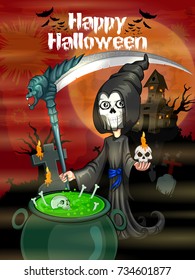 Happy Halloween haunted background with kids in scary costume. Vector illustration