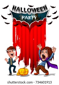 Happy Halloween haunted background with kids in scary costume. Vector illustration
