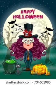 Happy Halloween haunted background with kids in scary costume. Vector illustration