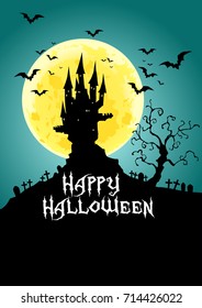 Happy Halloween, Haunted Castle at full moon night, vector illustration