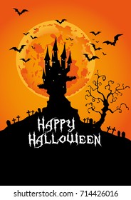 Happy Halloween, Haunted Castle at sunset, vector illustration