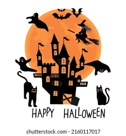 Happy Halloween! Haunted castle, witch on a broomstick,black cats, bats on abstract background with big moon.Vector hand drawn isolated cartoon illustration for design card,poster,cover.