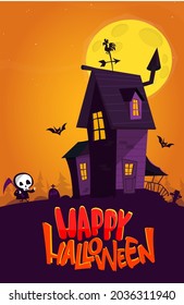 Happy halloween haunted house cartoon illustration. Vector horror scary mansion on the night background with moon. Party poster or greeting funny card 