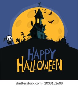 Happy halloween haunted house cartoon illustration. Vector horror scary mansion on the night background with moon. Party poster or greeting funny card 