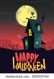 Happy halloween haunted house cartoon illustration. Vector horror scary mansion on the night background with moon. Party poster or greeting funny card 