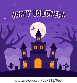 Feliz Halloween con obsesionada plantilla de celebración de casa para tarjeta de felicitación, invitación o publicación en medios sociales