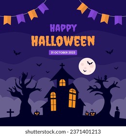 Feliz Halloween con obsesionada plantilla de celebración de casa para tarjeta de felicitación, invitación o publicación en medios sociales