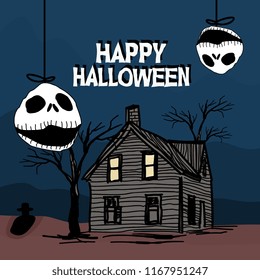 Happy halloween haunted house and creepy with hanging skull. Vector illustration for fashion textile, wrapping, and print.