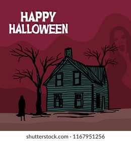 Happy halloween haunted house and creepy. Vector illustration for fashion textile, wrapping, and print.