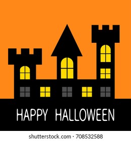 Happy Halloween. Haunted house Dark black castle tower silhouette. Switch on yellow light at the windows, triangle roof. Greeting card. Flat design. Orange background. Isolated. Vector illustration