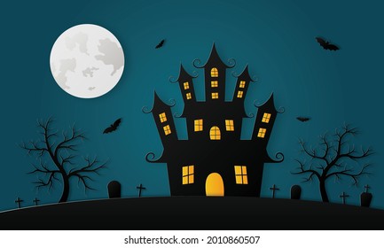 Happy Halloween haunted house and full moon paper art style on blue background. vector illustration.