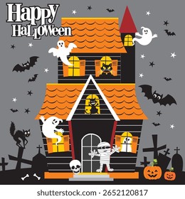 Feliz Halloween assombrado casa com fantasmas, morcegos e abóboras