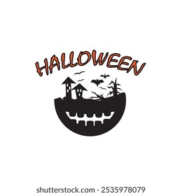 happy halloween haunted house landscape design circle vector illustration