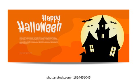 Happy Halloween. Haunted House with Moon and Bats on Orange Background. Template for Advertising brochure