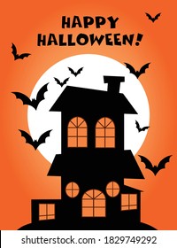 Happy Halloween Haunted House with Moon and Bats. Vector illustration