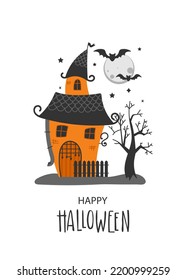 Happy Halloween. Haunted house with moon bats and tree silhouette. Cartoon illustration. Flat design greeting card template in vector.