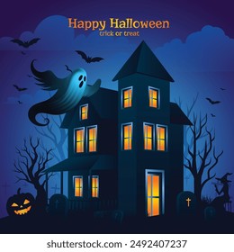 Happy Halloween haunted house at night with full moon, flying bats, tombstones and scary pumpkins