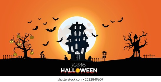 Happy Halloween haunted house on full moon flying bats on sky vector poster