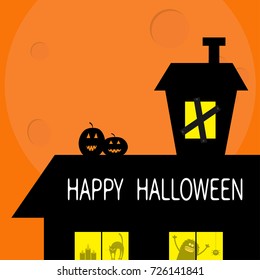 Happy Halloween. Haunted house roof attic loft. Two pumpkins Light on boarded-up windows. Cat arch back. Monster spider Candle. Big moon Funny cartoon character Orange background. Flat design. Vector
