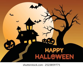 Happy Halloween. Halloween haunted house, trees and landscape. Happy Halloween scary background creepy vector backdrop with full moon, pumpkin and flying bats.