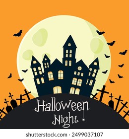 Happy Halloween. Haunted house under full moon with bats and graveyard for Halloween night. Perfect for party invitations, social media, festive event promotions.