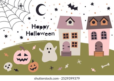 Happy Halloween, Haunted Houses and Ghost Vector Illustration. Halloween-themed illustration featuring haunted houses, a ghost, pumpkins, bats, spiders, and a crescent moon