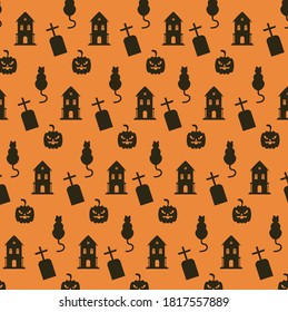 happy halloween haunted houses and graveyards with cats pattern vector illustration design