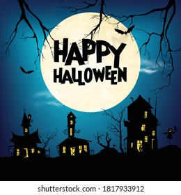 Happy Halloween. Haunted, moon, tree, vector. Greeting cards, posters, banners, flyers and invitations.