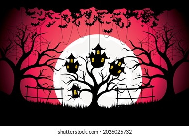 Happy Halloween. A haunted tree house surrounded by scary bats 