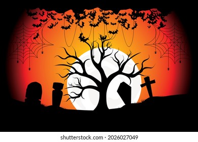 Happy Halloween. Haunted tree surrounded by scary bats 