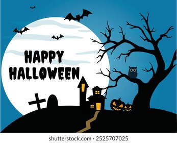 Happy Halloween. Halloween haunted Trees, Owl, and Landscape. Happy Halloween scary blue background creepy vector backdrop with full moon, pumpkin, graves and flying bats.