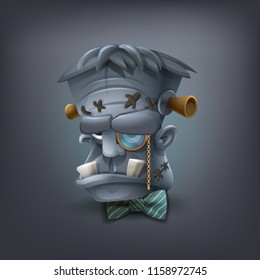 Happy Halloween head Frankenstein with bow tie and monocle isolated on dark background. Vector illustration.