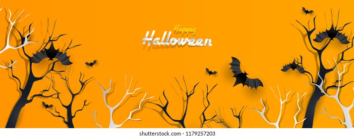 Happy Halloween header or banner design decorated with spooky trees and flying bats on yellow background. 