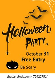 Happy Halloween Header calligraphy with Scary elements such as Bat, Eye and Spider with Handmade vector lettering 3d Text Halloween on spider web for party celebration 31 october