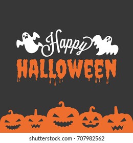 happy Halloween headline with ghost and jack o lantern in silhouette design, for poster or banner