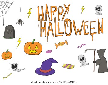 Happy Halloween Headline With RIP Grave Stone, Grim Reaper, Witches Hat, Ghosts, Sweets, Carved Pumpkins and Lightening Bolts