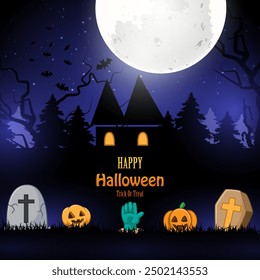 Happy Halloween  - headstone, pumpkins, bats, zombie hand, spooky castle, full moon with night background